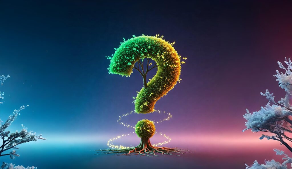 Un point d'interrogation géant en forme de plante sur un fond coloré