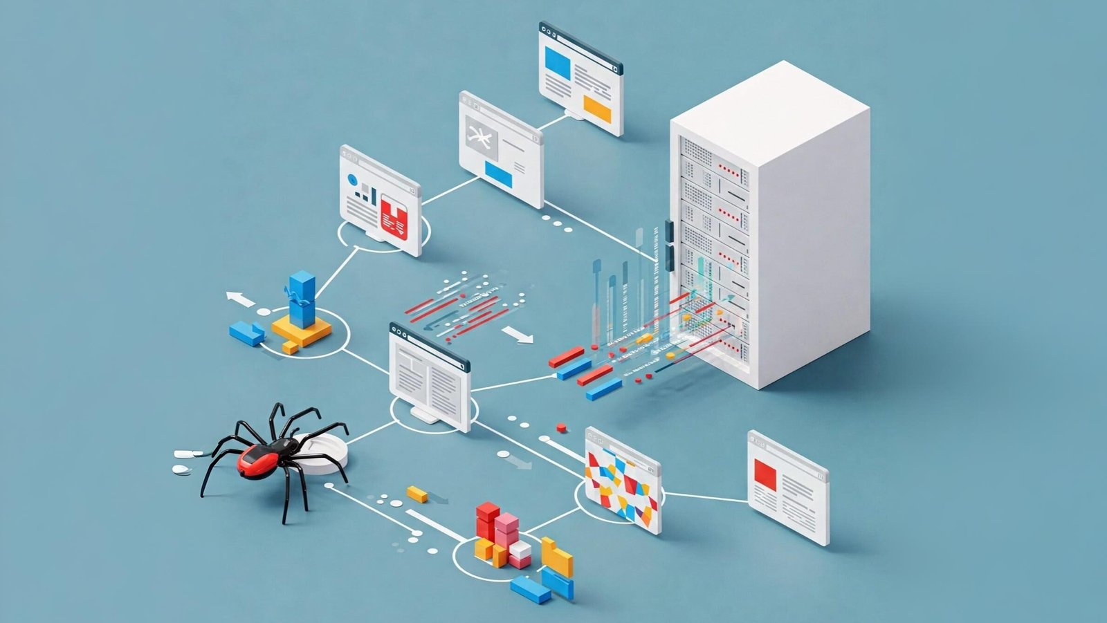 The image displays a stylish spider, representing a web crawler, navigating a network of vibrant webpage icons connected by lines. It leads to a central white database server, with Google's blue and red accents, symbolizing the index. Interconnected lines and dynamic blocks represent the algorithm processing the data. The overall style is modern and clean, reflecting web technology.