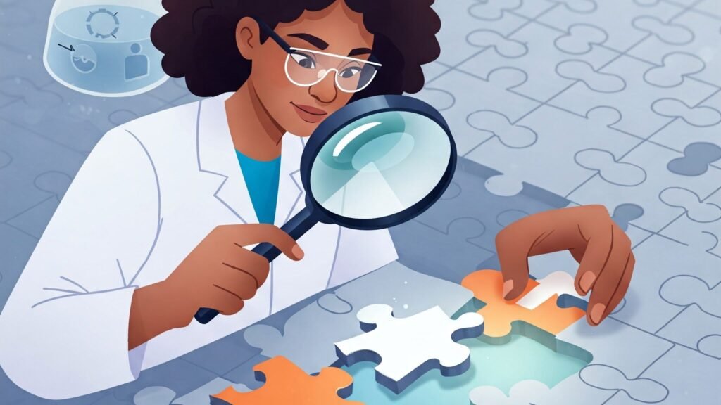 C'est une métaphore visuelle de l'idée de tester une hypothèse liée à un problème client, représentant quelqu'un avec une loupe examinant une pièce de puzzle qui s'intègre dans une image plus grande.
