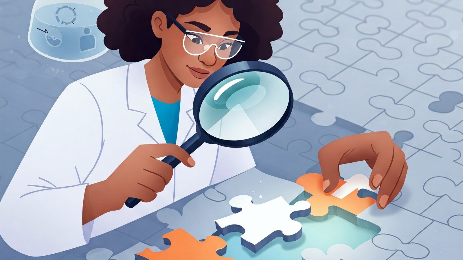 It's a visual metaphor for the idea of testing a hypothesis related to a customer problem, depicting someone with a magnifying glass examining a puzzle piece that fits into a larger picture.