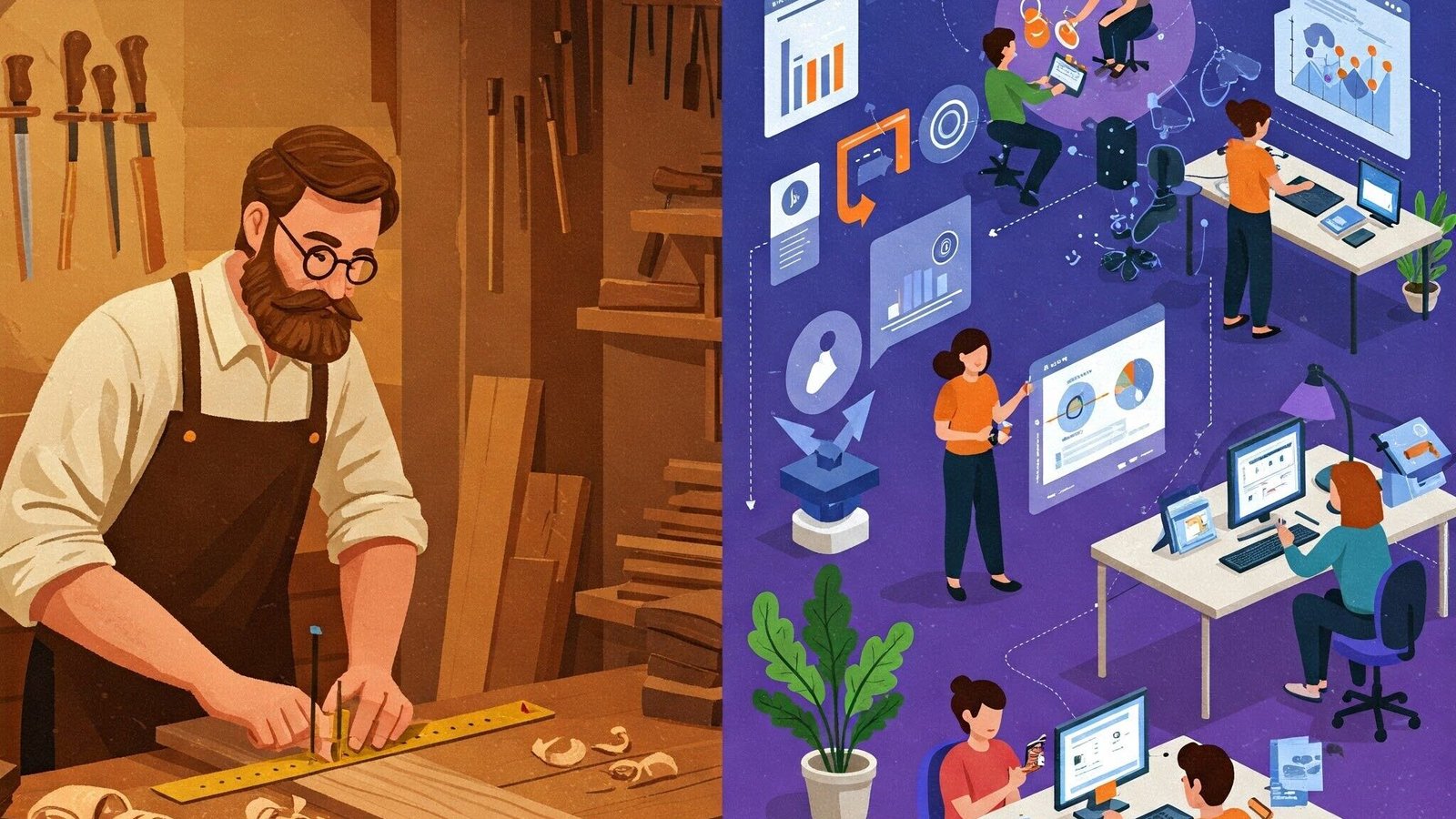 The image is split into two contrasting panels, visually representing two different approaches.
On the left, under the text "Myth 4: Measure Twice, Cut Once," a bearded man wearing an apron and glasses is meticulously measuring a piece of wood on a workbench in a traditional woodworking shop. Various tools hang on the wall in the background, and wood shavings are scattered on the table, emphasizing a careful, deliberate approach to a physical task.
On the right, under the text "Better Maxim 4: Place Small Bets Fast," a brightly colored and dynamic scene depicts several people working on computers in a modern, collaborative office environment. Charts, graphs, and digital interfaces float around them, suggesting a fast-paced, iterative approach to problem-solving and innovation in a digital or business context.
The overall image contrasts the traditional, cautious approach of "measure twice, cut once" with the modern, agile approach of "place small bets fast."