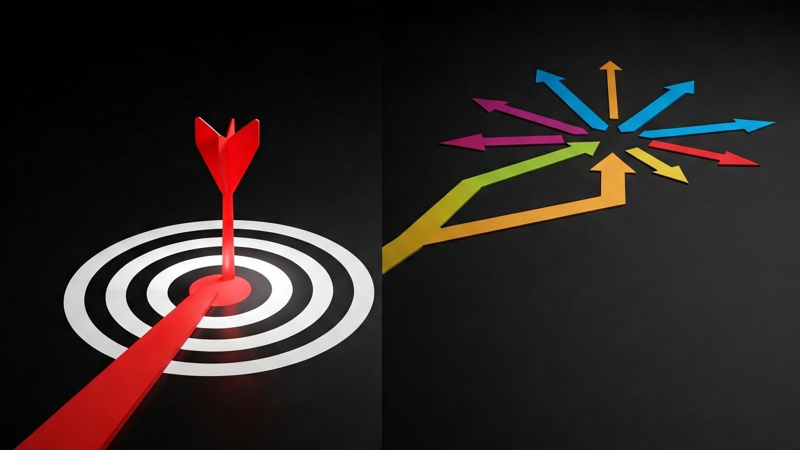 The image shows bold and decisive actions using one arrow going to bullseye vs exploring multiple avenues using multiple and colourful lines and arrows.