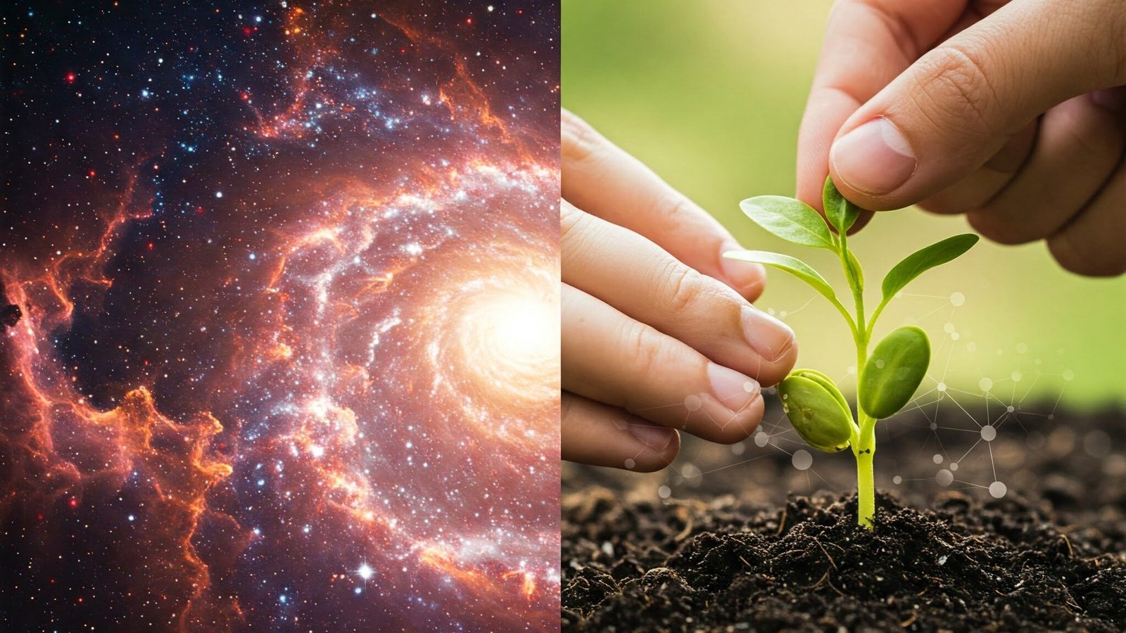 The image shows a split concept, where the "Think Big" side is represented by a vast, swirling nebula of colors, and the "Start Small" side depicts a hand nurturing a sprouting seed, emphasizing the human element and organic growth.